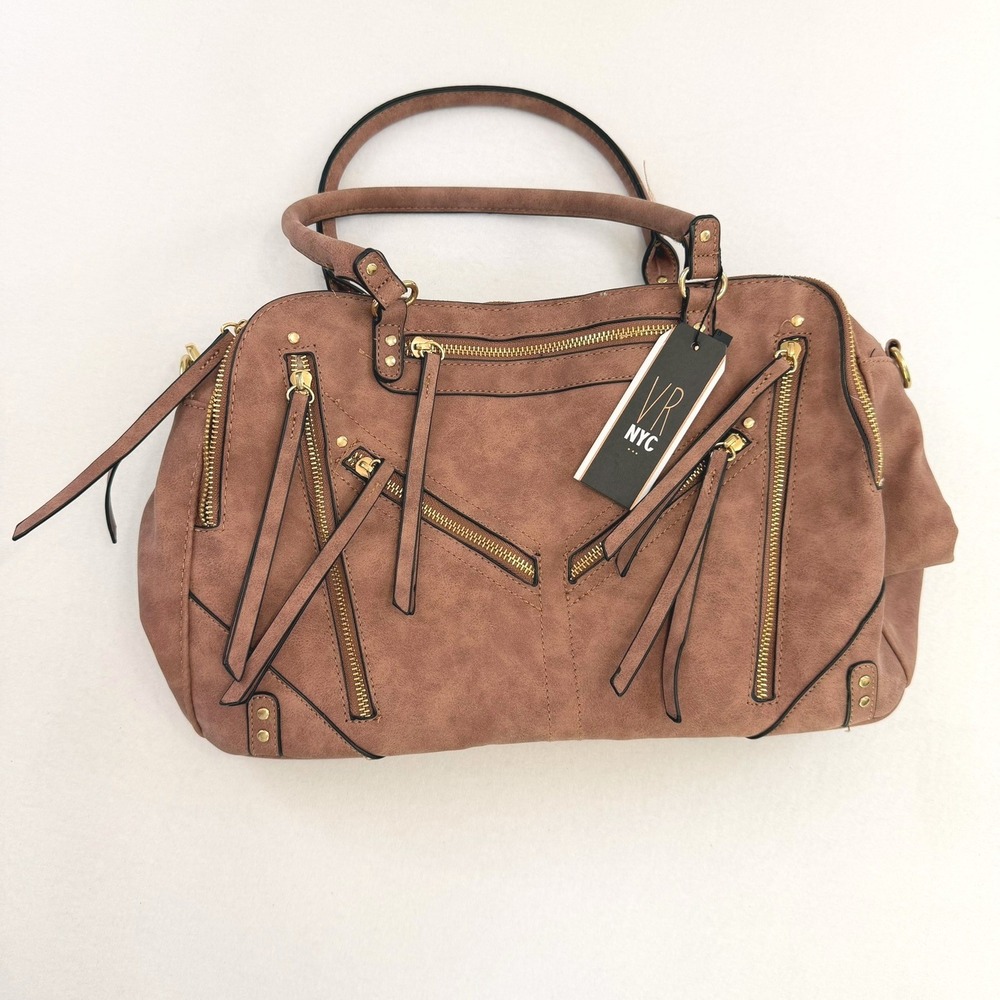 VR NYC Cinnamon Vegan Leather Satchel Handbag Gold Zip Accents UWP1083FMCN NWT